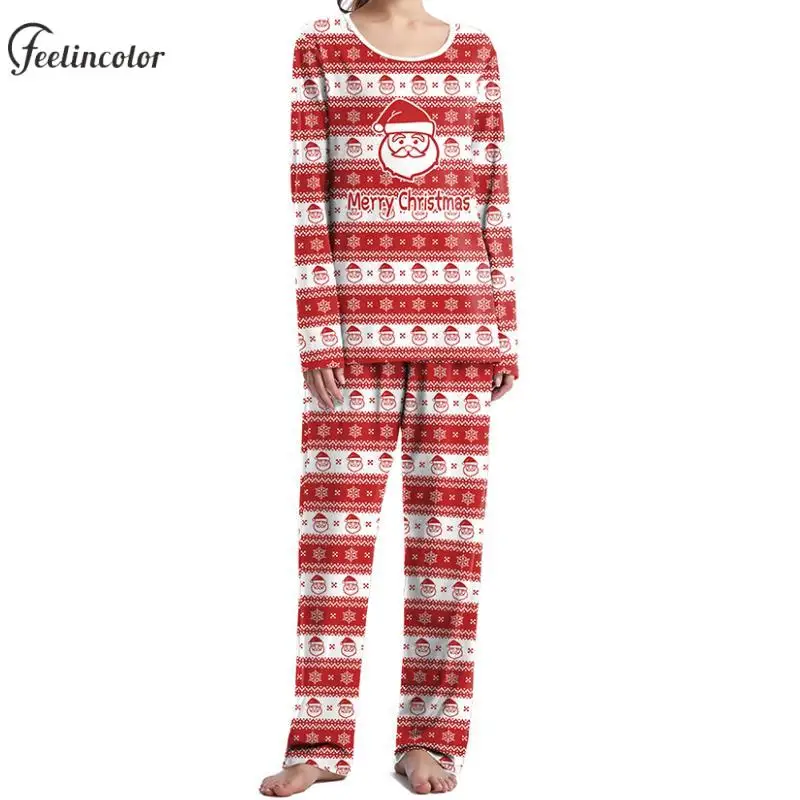 Merry Christmas Couple Pajamas Sets Red White Stripes Printed Pajamas Fashion Cozy Family Sleepwear Holiday Women Nightwear