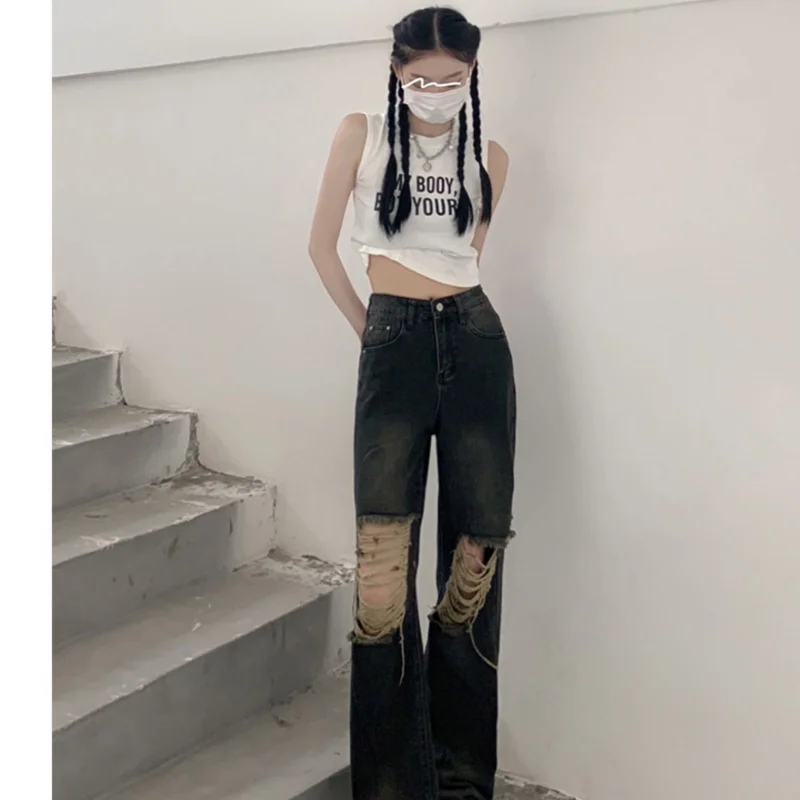 

Women' Bottoms Vintage Blue Hole High Waist Jeans Casual Straight Wide Leg Pants High Street Baggy Mopping Denim Trouser Ladies