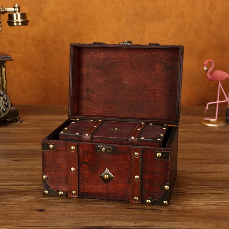 2 Pcs Retro Treasure Chest Vintage Wooden Storage Box Antique Style Jewelry Organizer Big & Small