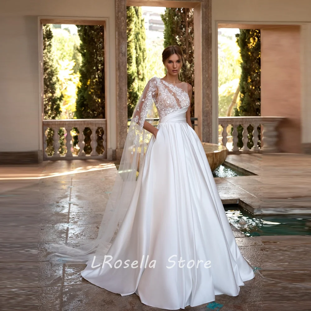 

LRosella Wedding Dress Satin Tiered O-Neck Fashion Ruched A-Line Elegant Exquisite style Luxury فساتي2024 with Sweep Train