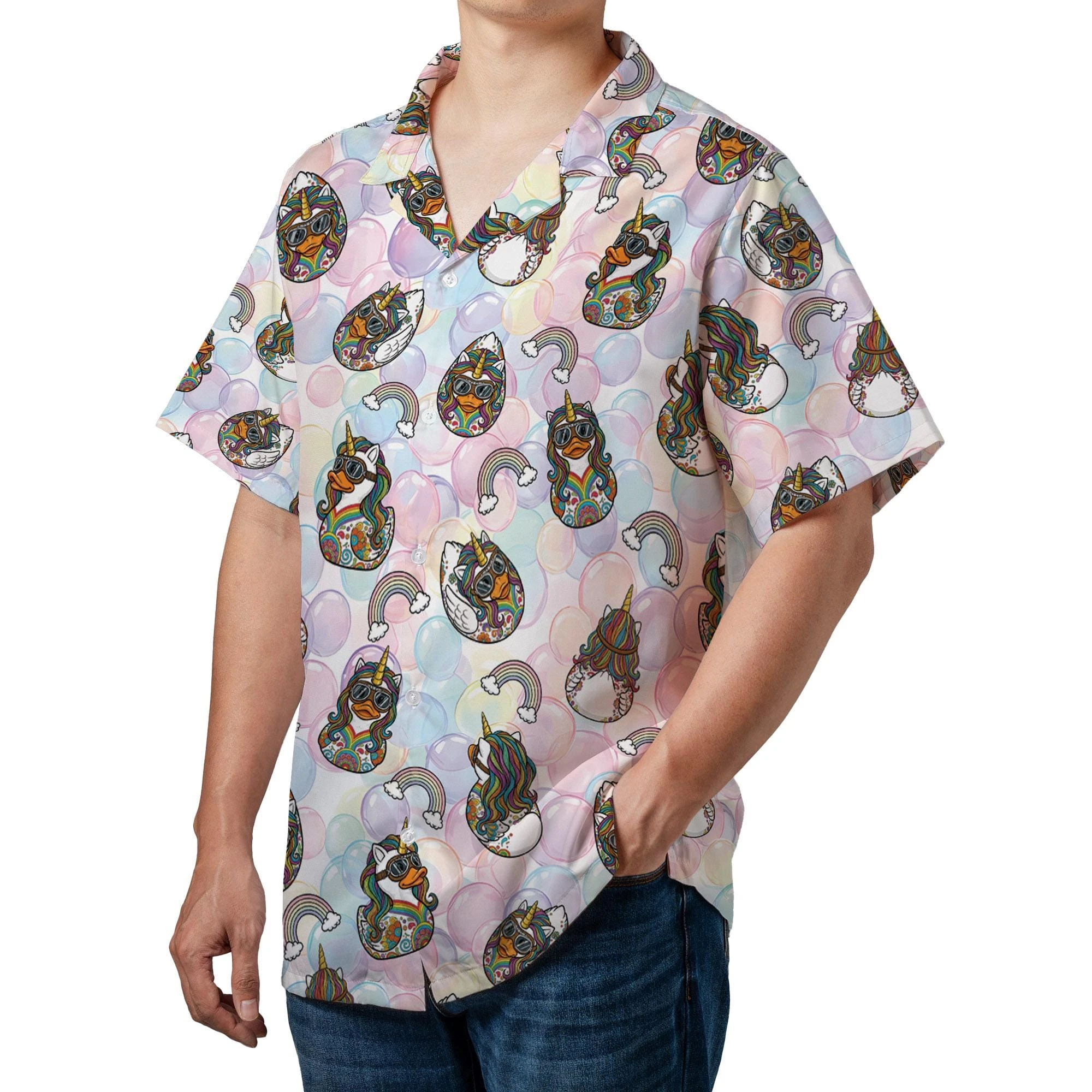 

New Unicorn Rubber Duck Hawaiian Shirt Cute Pastel Magic Aloha Button Down Whimsical Rainbow Bubble Top Unisex Festival Gift