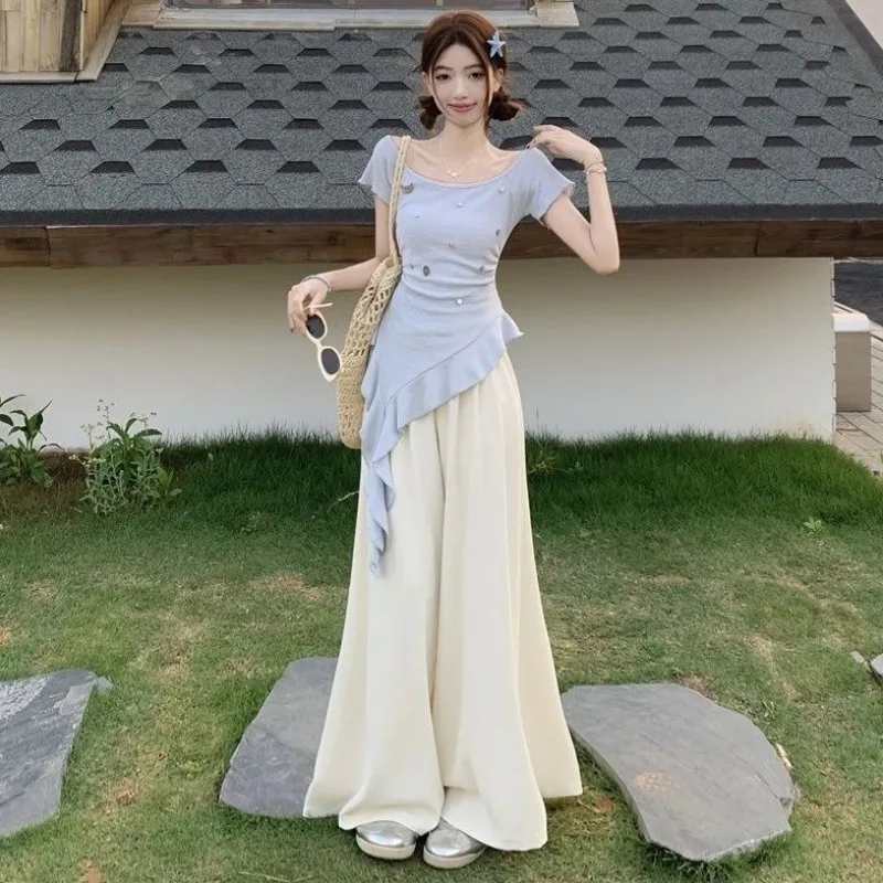 

Korean Women Irregular Ruffle T-shirt Wide Leg Pants Two Piece Suits 2025 Summer Lady Graceful Blue Slim Tops Trousers Outfits
