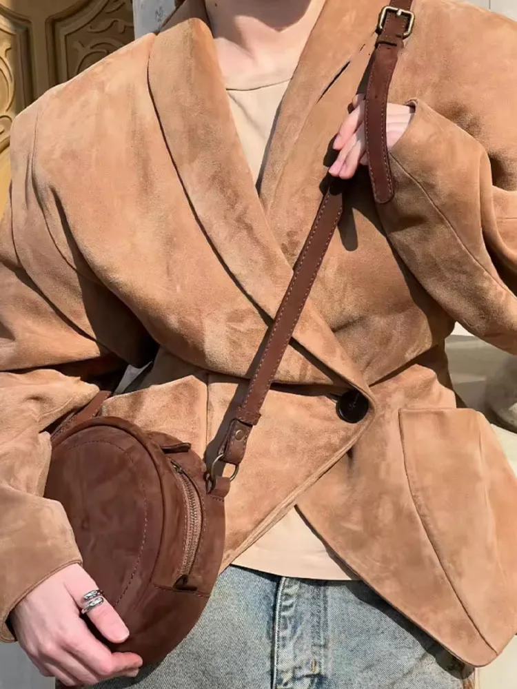 HH Woman's Autumn Vintage V-neck Suede Single-button Blazer Female High-end Long Sleeve Pocket Decoration Slim Casual Jacket