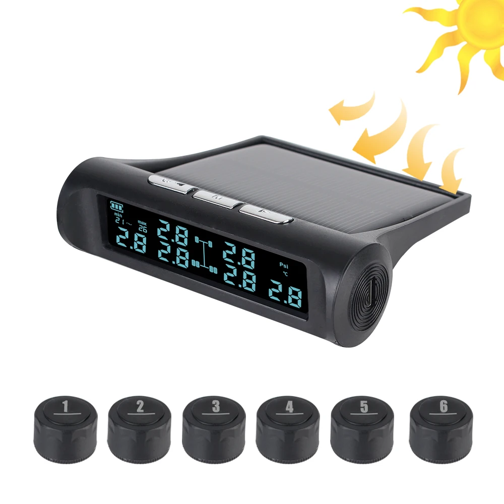 Tire Pressure Monitoring Tyre Temperature Alarm System For Truck Bus Car With 6 External Sensors LCD Display Solar Power TMPS