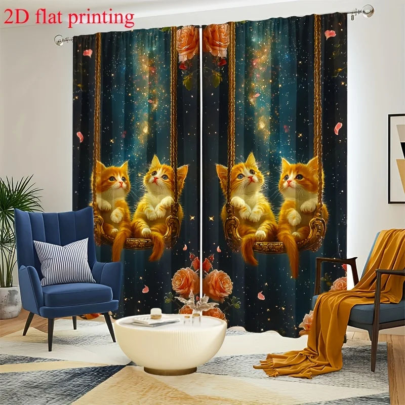 Dreamy Cat on Swing Curtain, Romantic Rose and Starry Night Pattern, Elegant Home Decor Window Drapes for Living Room