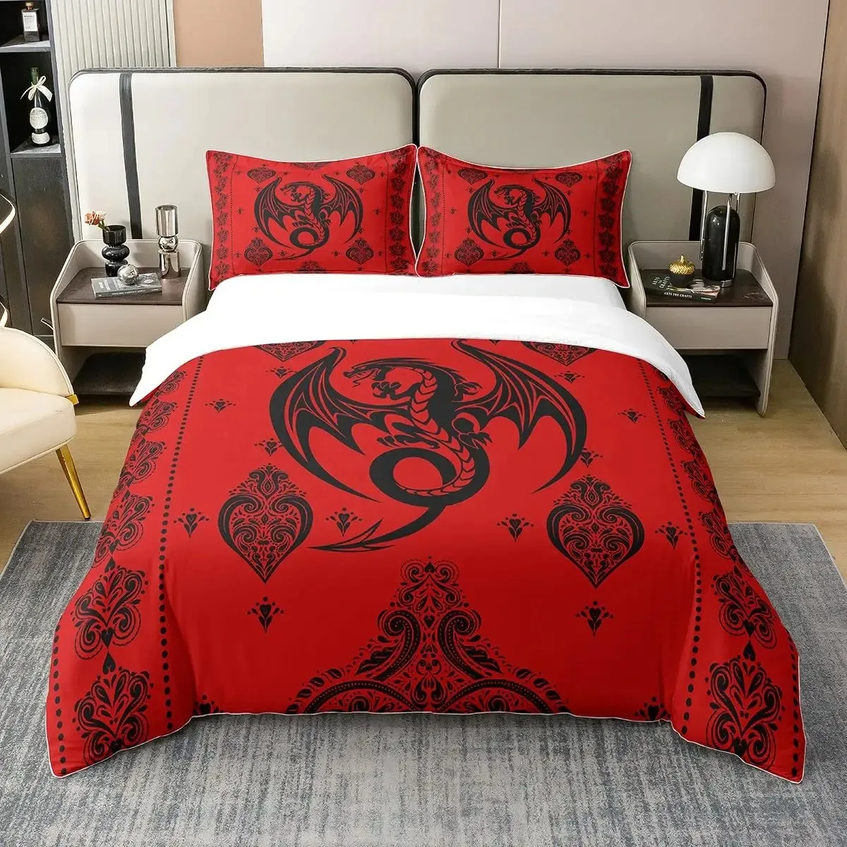 Red Base Black Dragon Print Bedding Cover Sets Full Chinese Dragon Pattern Bedding Cover Sets Full Soft 3 Pieces Comforter Sets