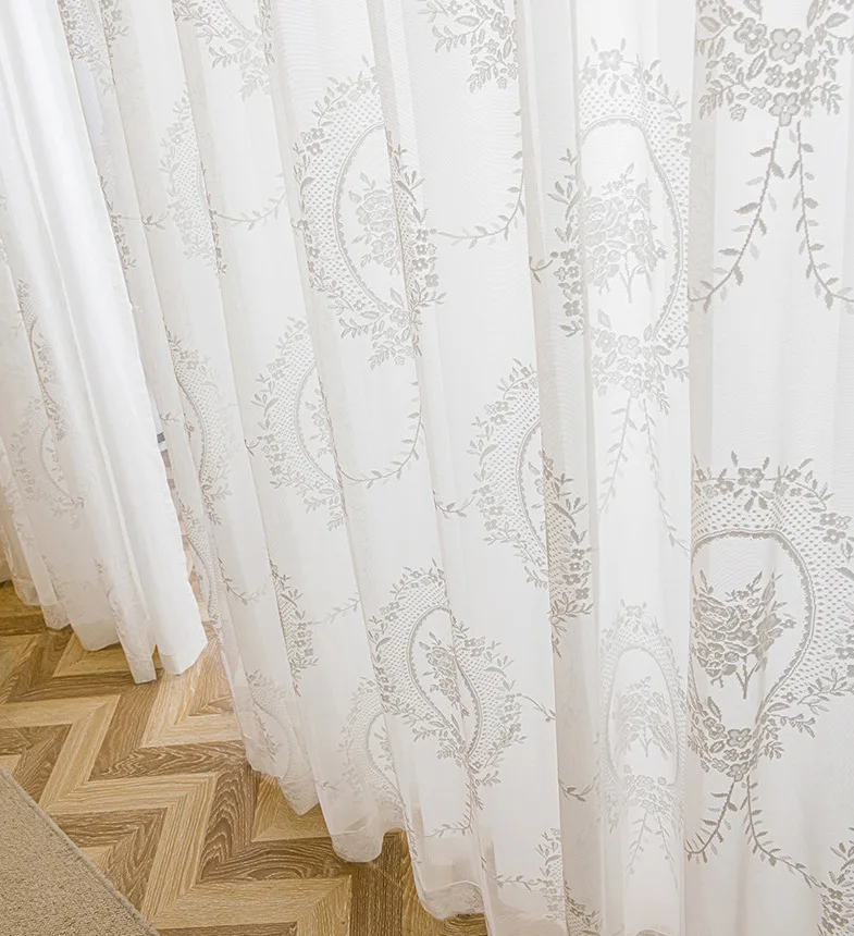 White Oval Floral Lace Sheer Curtains 2Pcs, 4-Prong Hook Romantic French Window Voile Drapes
