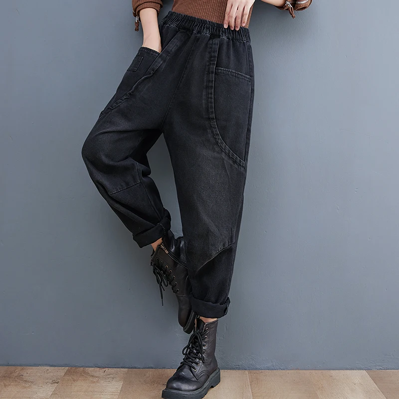 

plus Size Women's Denim Jeans High Waist Nine Points Double ket Harlan Pants Color Blo Slim Fit Spring Autumn New Arrival