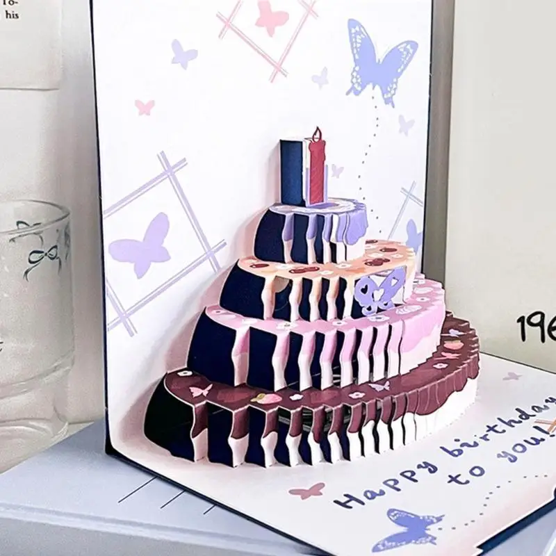 Tarjeta creativa cumpleaños en 3D con pastel aparente y patrón mariposa Light Up Musical Growing Card For Party Gift M68E