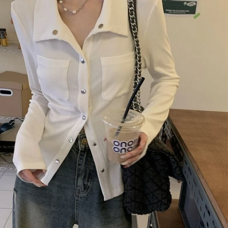 

Spring Autumn Thin Casual Knitting Cardigan Women American Metal Buttons Chicly Lapel Tops Stretch Slimming Streetwear Knitewar