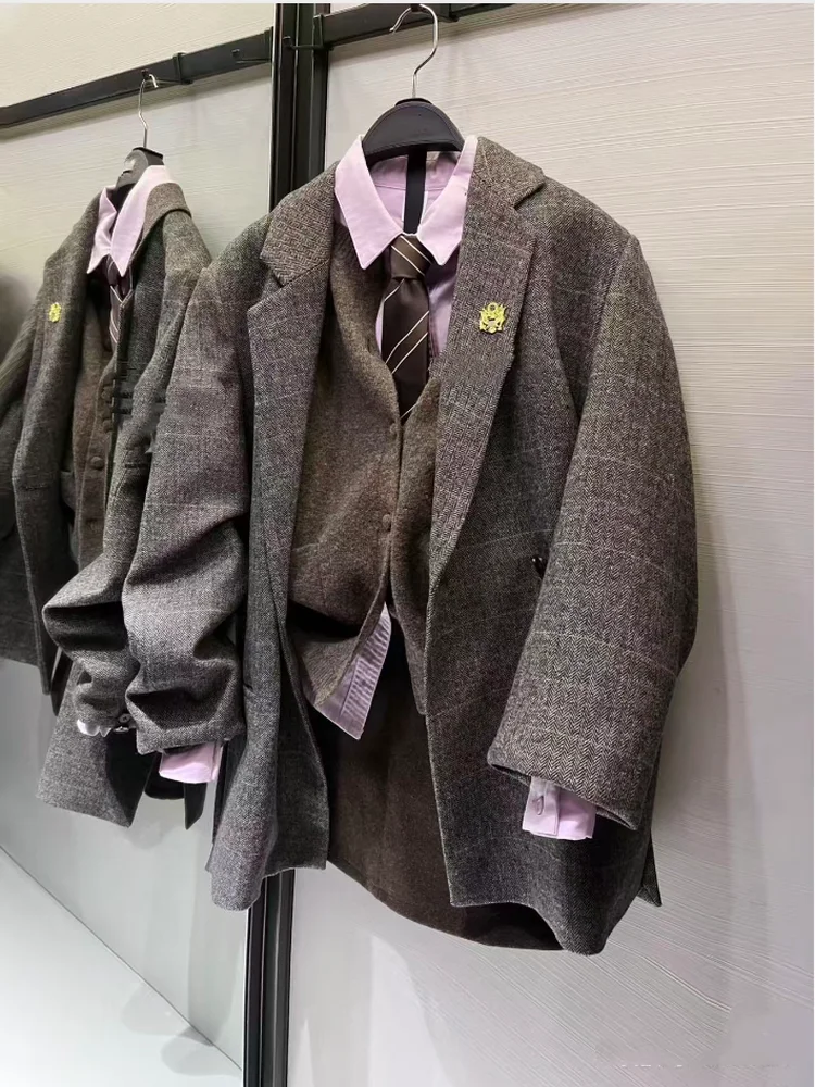 

Зима 2023, женский повседневный свободный костюм из смесовой шерсти, винтажный костюм Jaet с отложным воротником и одной пуговицей, длинный све