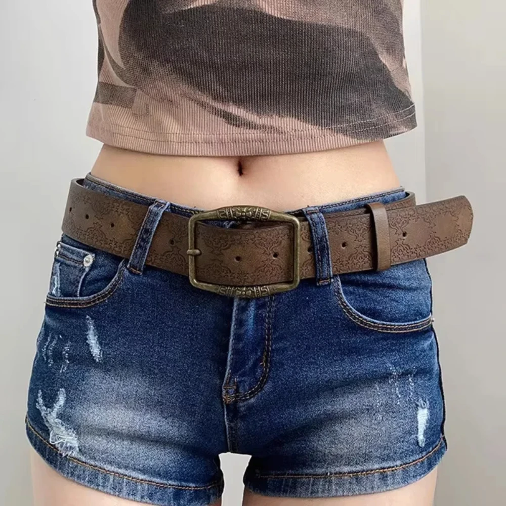 Y2K Belt WOMEN'S New National Wind Belt with Jeans Belt Senior Sense of Brown Floral Embossed Adjustable Belt