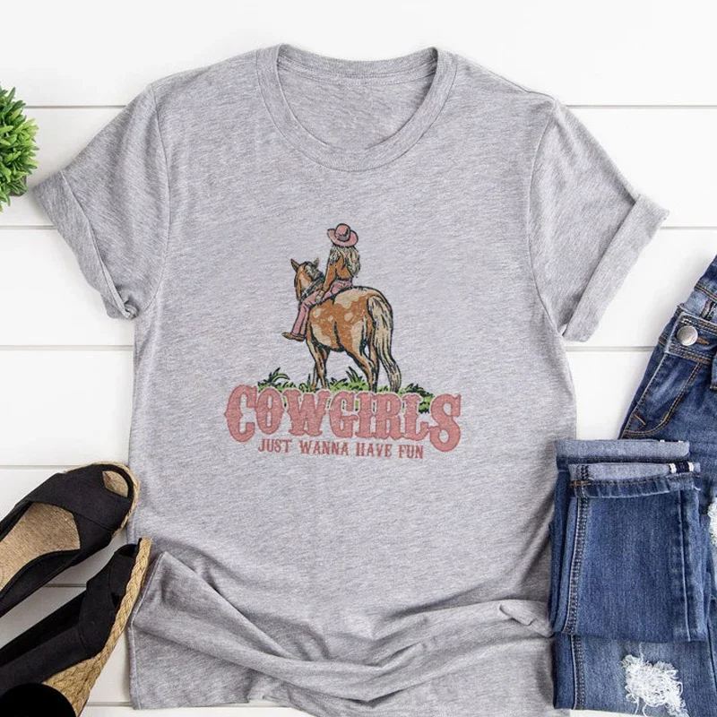 Fun Cowgirls Retro Country Western Graphic Tees Women Horse Rodeo Vintage Tshirt Cowgirl Summer Loose Cute T-Shirt  Top