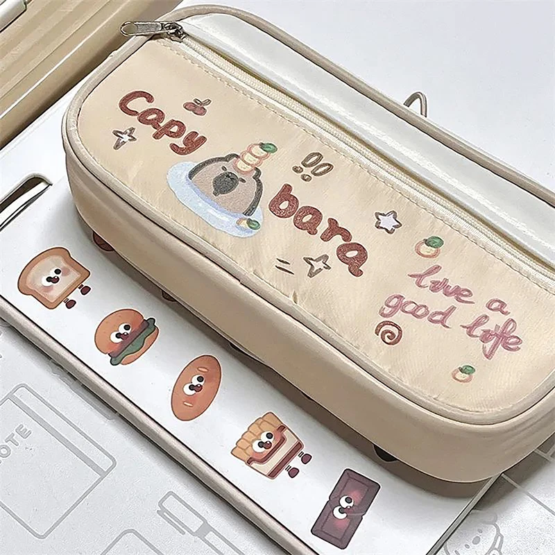 Fashion Kawaii Cartoon Capybara Cat Zipper Cosmetic Bags Cute Print Design Large Capacity Pen Bags Students Cute Makeup Bags