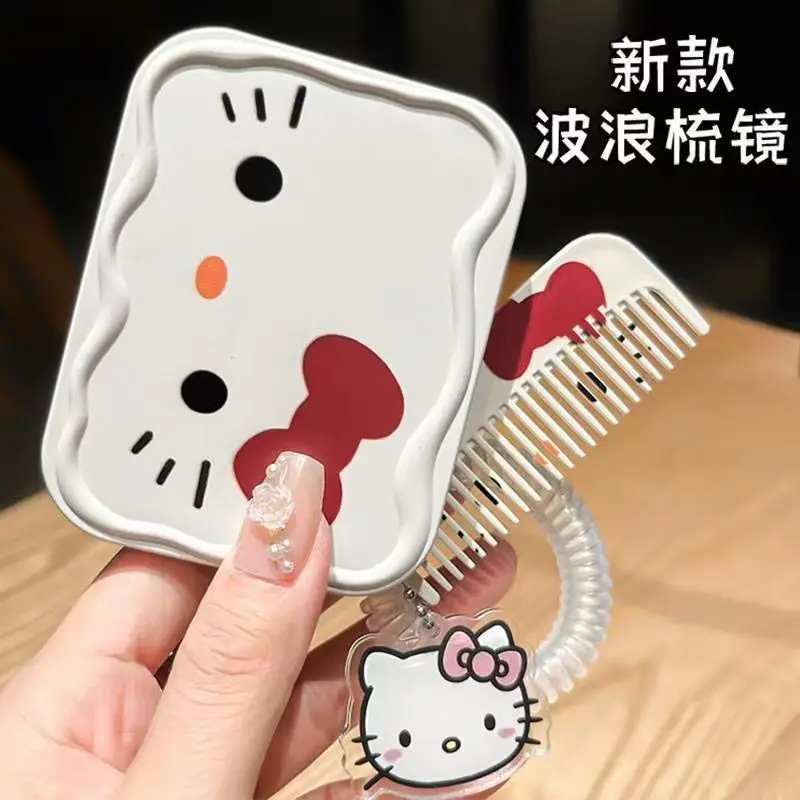 

Hello Kitty Sanrio Portable Makeup Mirror Folding Wave Mirror Comb Kawaii Cartoon Cat Mirror With Comb Hangings Ornaments Gifts