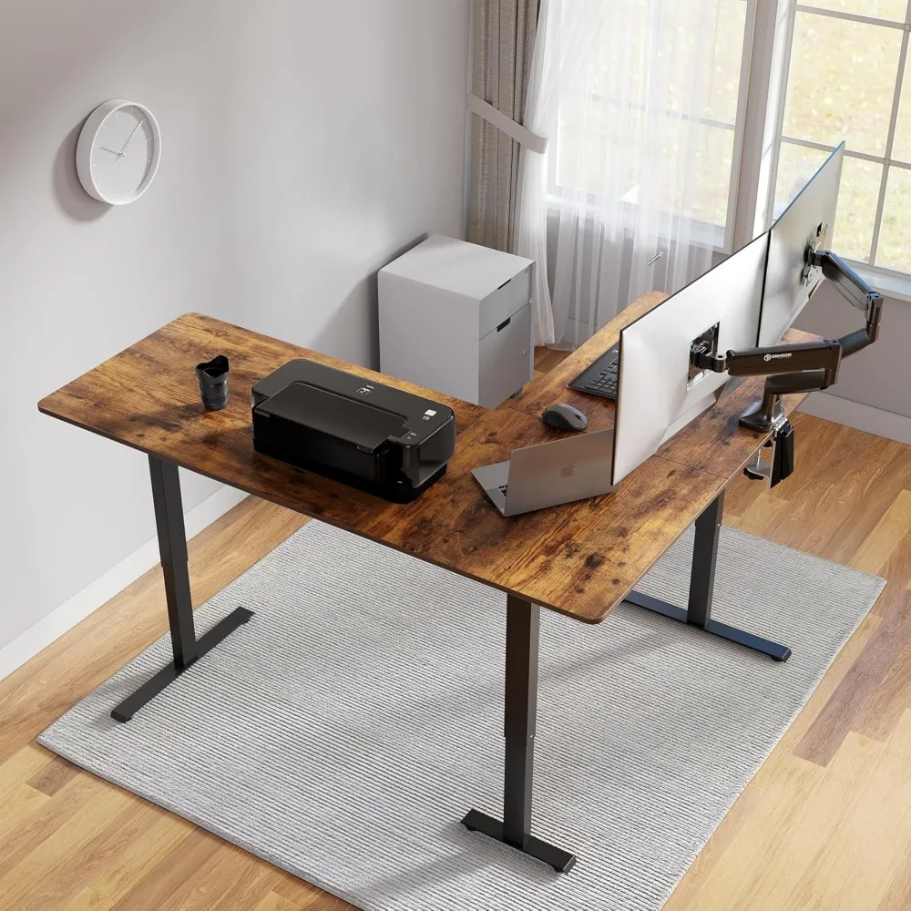 Mesa de pé em forma de L, mesa de canto de 63" com altura elétrica ajustável, mesa ajustável em forma de L com placa de emenda