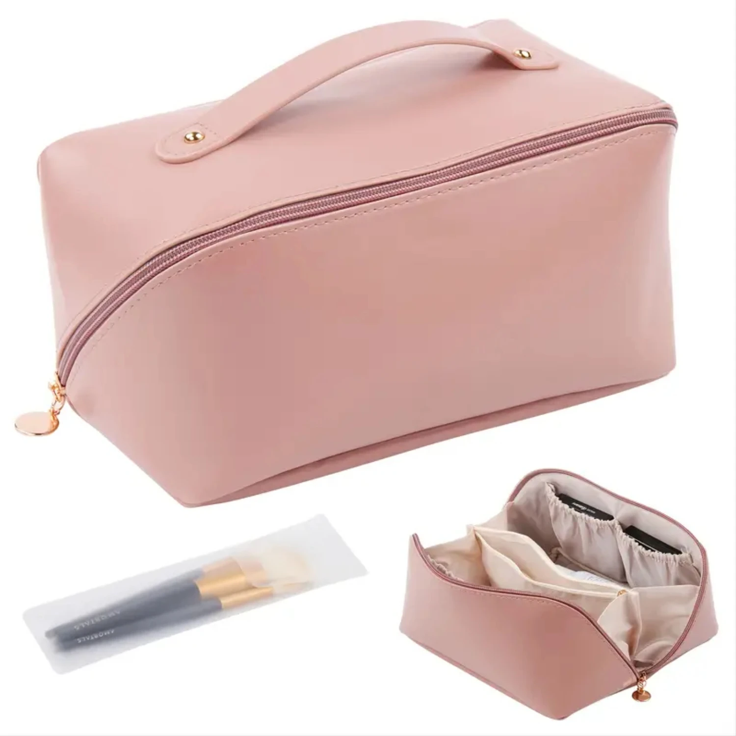 Large Capacity Flat Opening Leather Cosmetics Toiletries Bag