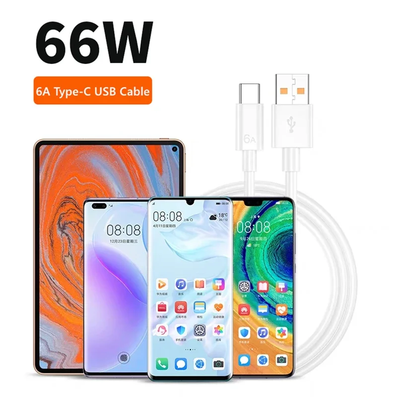 USB Tipo-C Cabo de Carregamento Super Rápido, 6A, 66W, Carregamento Rápido, Samsung, Xiaomi 13, Huawei Nova 8, Magic 5, Redmi, Honor, Android