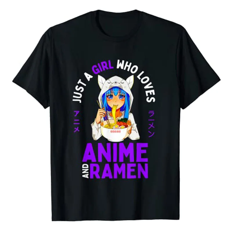 Just A Girl Who Loves Anime and Ramen Damen Teenager Mädchen Geschenk T-Shirt Anime-Liebhaber Y2k Top Cartoon Grafik-T-Shirt Japanischer Stil