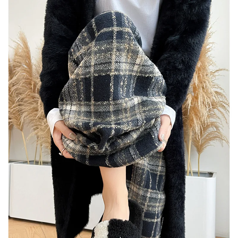 

Woolen Plaid Pants for Women Autumn Winter Warm Pant Retro Casual Straight Pants Sim Floor Length Wide Leg Pants Female Trousers