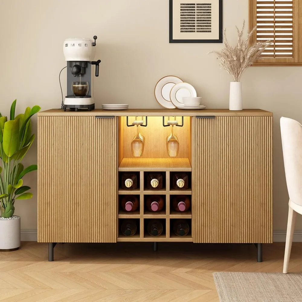 

55" LED Wine Bar Cabinet - Modern Liquor Station with Wine Rack & Glass Holder, Farmhouse Buffet