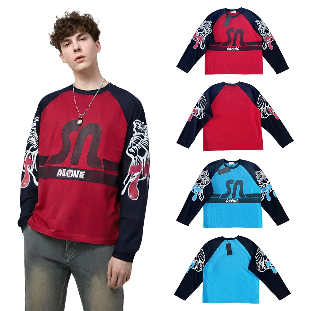 Y2k Streetwear Racing Graphic Long Sleeves T Shirts Hiphop Street Style Waffle Cotton Vintage Kpop Casual Patchwork Sleeves Tees