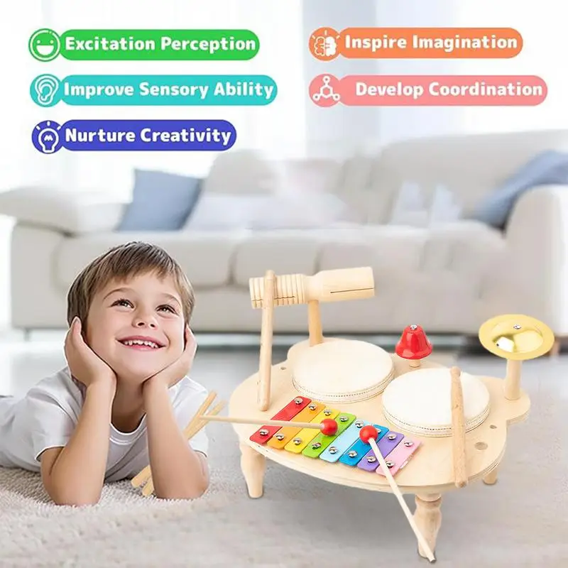 

Kids Drum Set 7-in-1 Wooden Preschool Musical Toys Xylophone Drum Kit Funny Learning Music Activity For Boys And Girls
