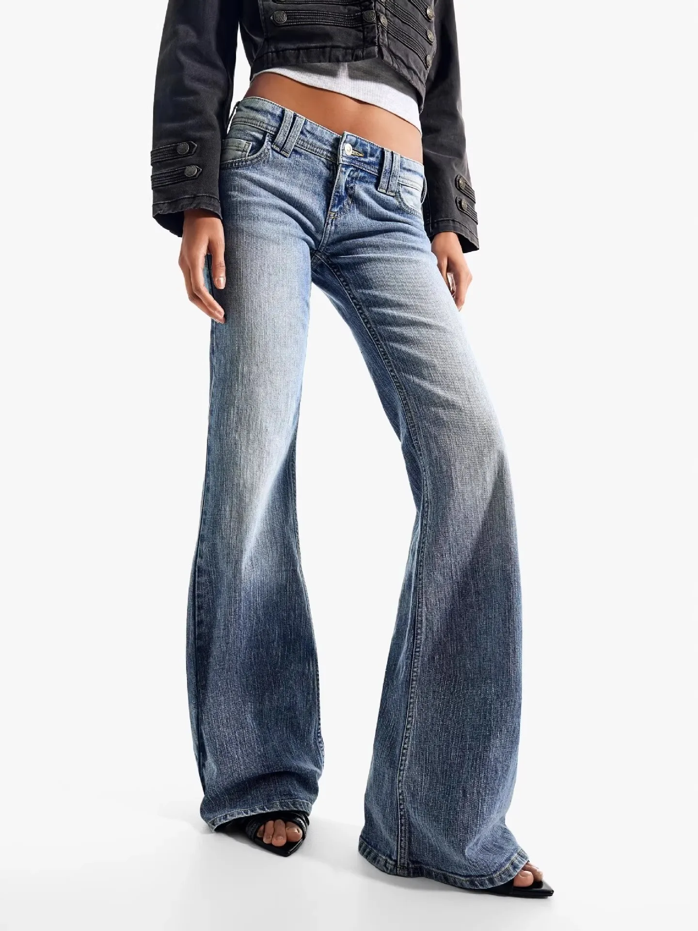 Retro Hot Girl Embroidered Diamond Wings Denim Pants Low Waist Bell Bottoms Women's Fashion Cross-Border Style Y2K Skinnies