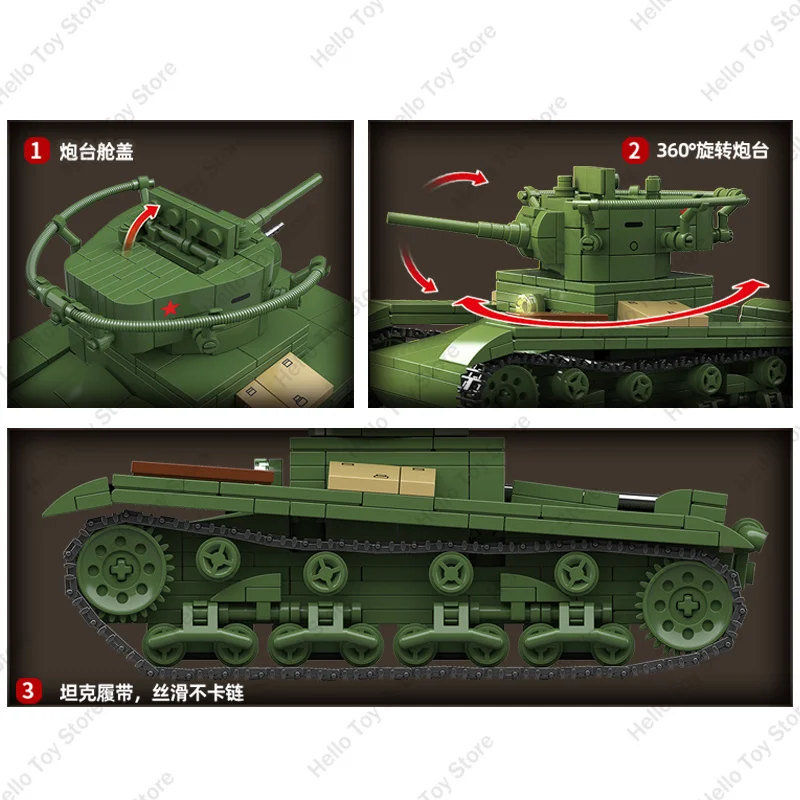 2025 WW2 Military Tank Building Blocks Soviet T-26 Light Tank Army Weapon Model Soldier Figures Bricks Toys For Boys Gifts Sets - Image 5