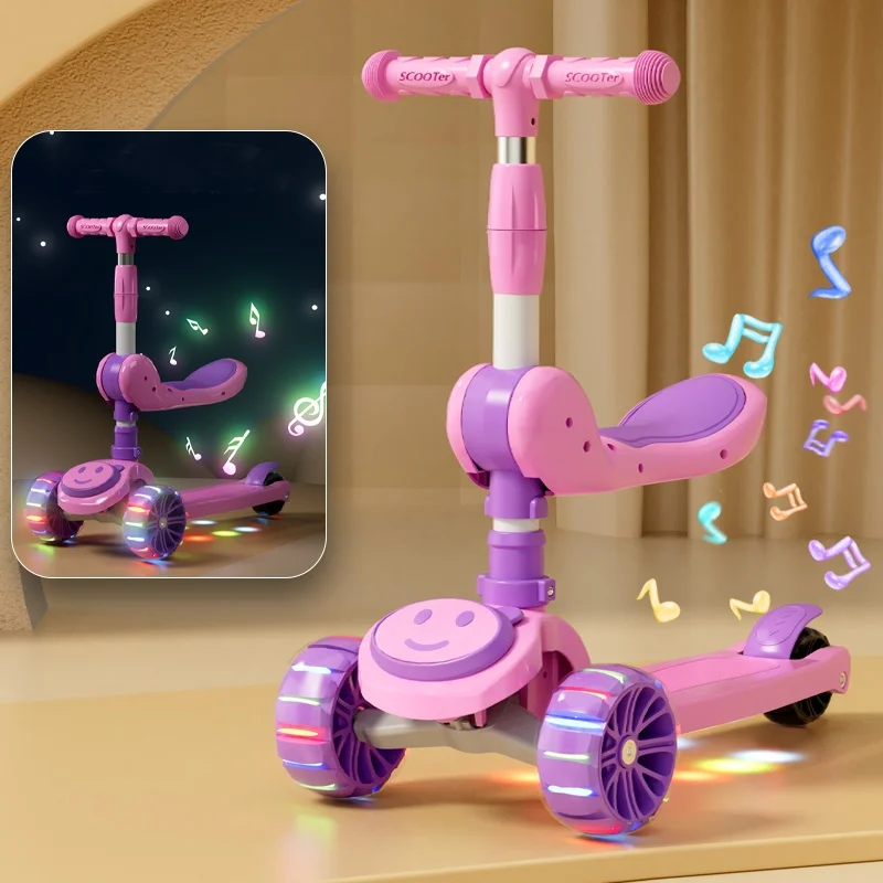 Patinete Plegable de 3 Ruedas para Niños - Altura Ajustable de 63-83 cm, Ruedas de PU con Música y Luces, con Asiento Plegable para Niños de 3 a 8 Años