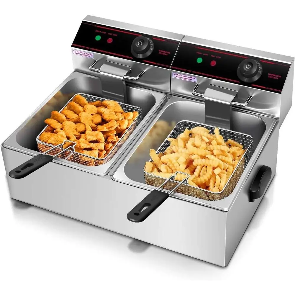 Commercial Deep Fryer with 2 * 6L Baskets, 13.4QT Electric Deep Fryers, Countertop Stainless Steel Fryer with Removable Tanks, T