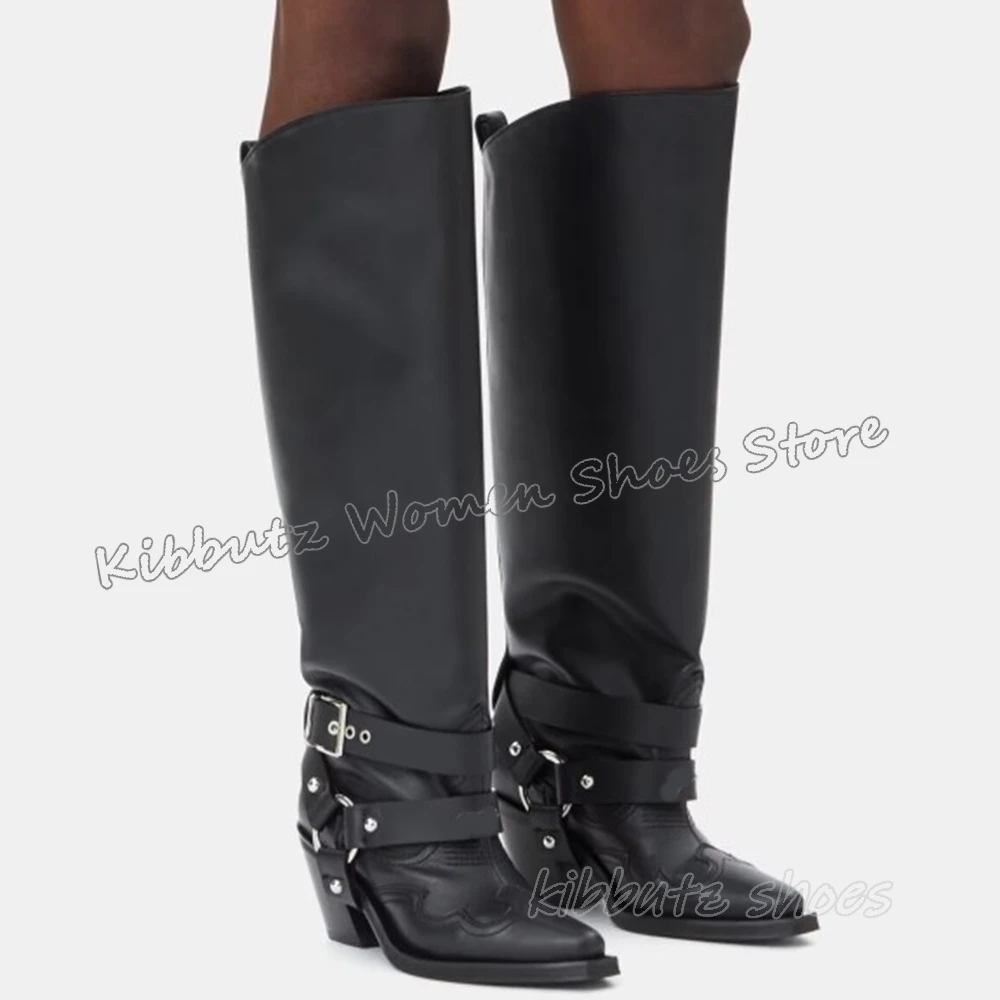 

Belt Buckle Knee High Boots Cowboy Fashion Novelty Sexy Luxury Women Shoes Pointy Chunky Heels Genuine Leather Solid Color New