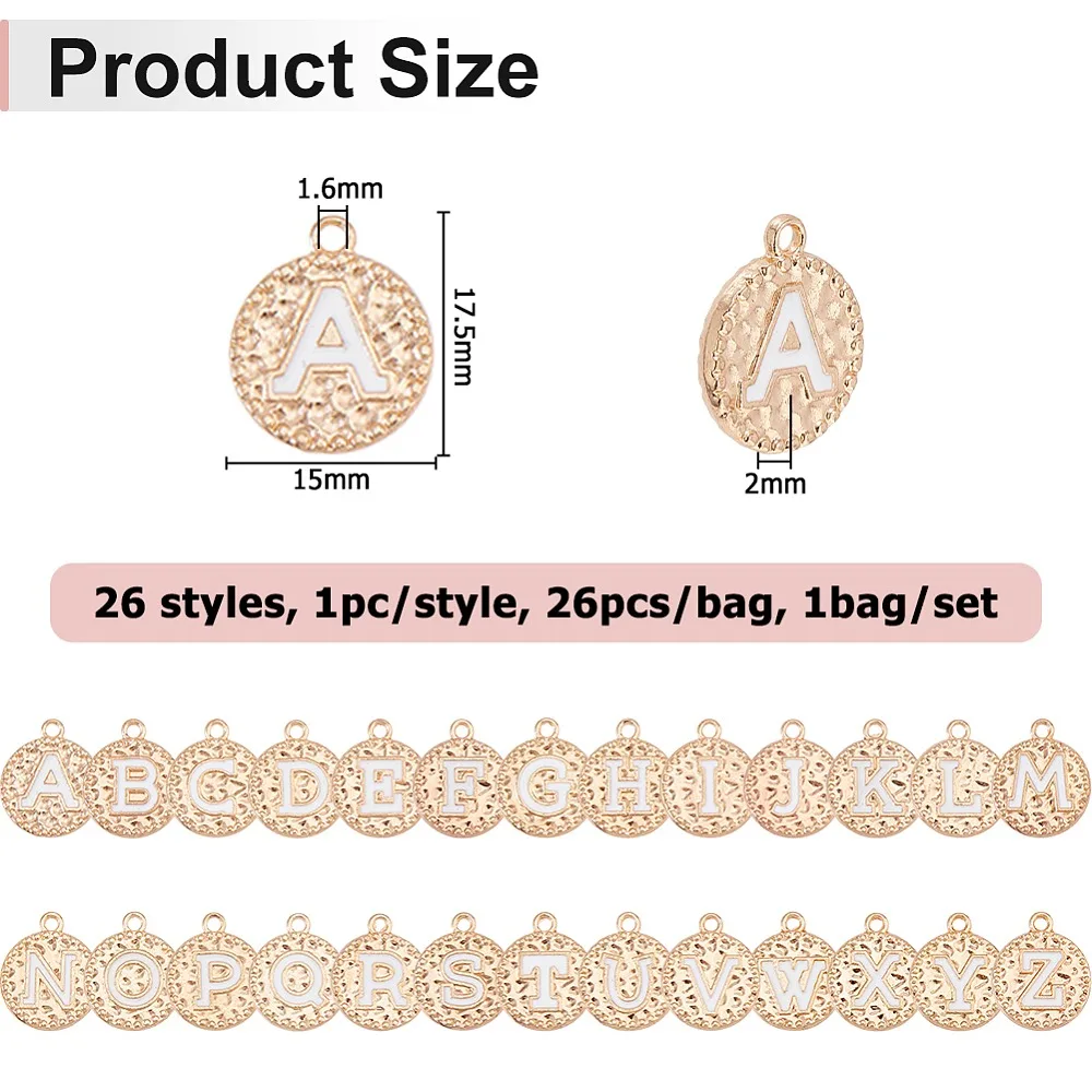 1-pacote-com-26-pecas-de-pingentes-de-liga-esmaltados-redondos-planos-com-letras-a~z-cor-dourado-claro-e-branco-175x15x2mm-furo-16mm-1-unidade-estilo