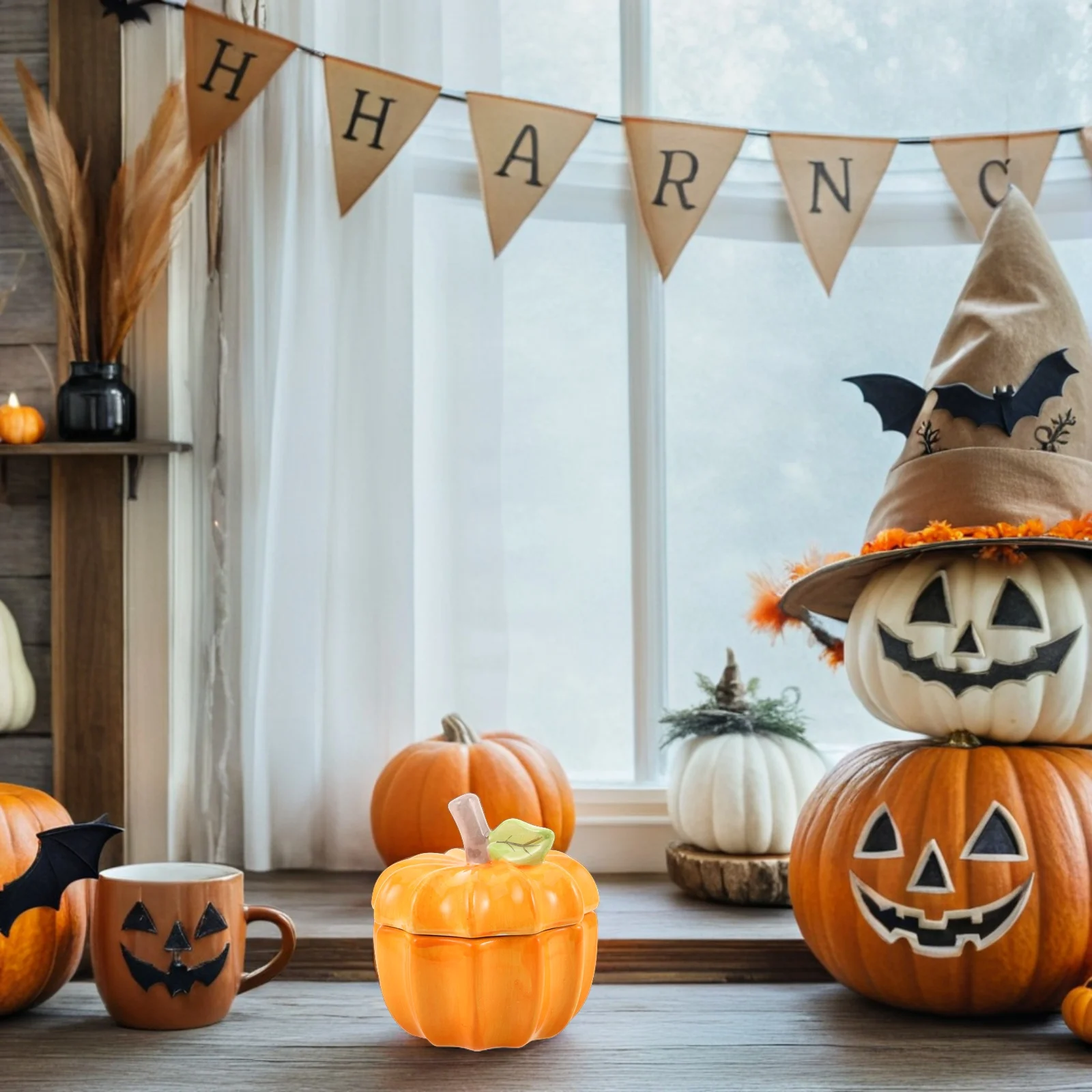 

Pumpkin Ceramic Storage Jar with Airtight Lid for Candy Tea Coffee Nuts Holiday Decor Kitchen Organization Multi Purpose Food