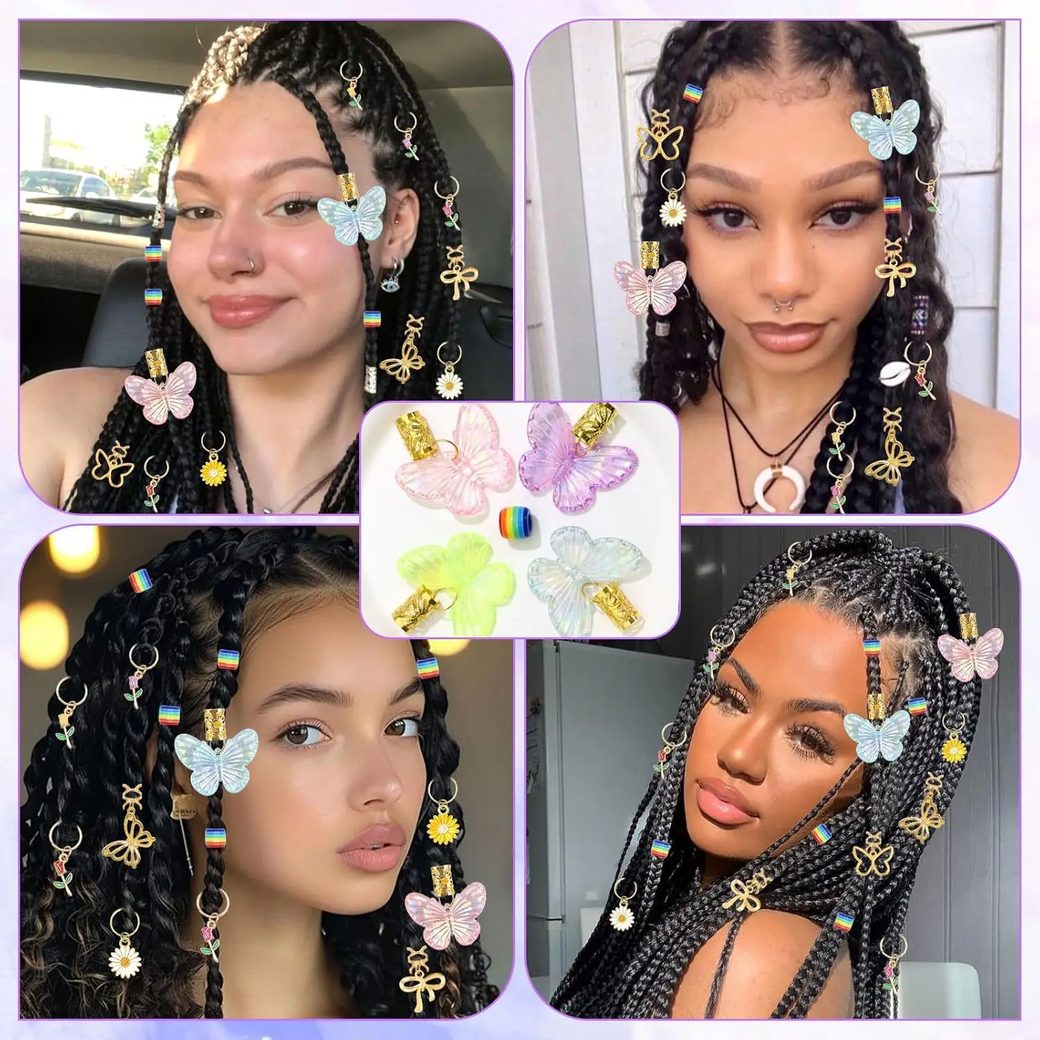 30 ピース/バッグカラフルな蝶ペンダントヘアリングセット - マカロン色のかつらドレッドヘアアクセサリーデイジーフラワーペンダント付き