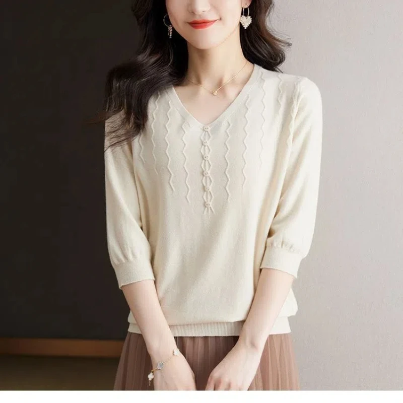 Spring Autumn Women\'s Clothing Solid Color Round Neck Pullover Sweater Knitted Casual Elegant Three Quarter Button Vintage Tops