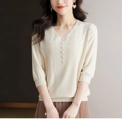 Spring Autumn Women's Clothing Solid Color Round Neck Pullover Sweater Knitted Casual Elegant Three Quarter Button Vintage Tops