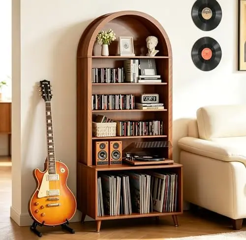 Large Record Player Stand with Vinyl Storage,6-Tier Arched Record Player Table Holds Up 350+ Albums, Turntable Stand