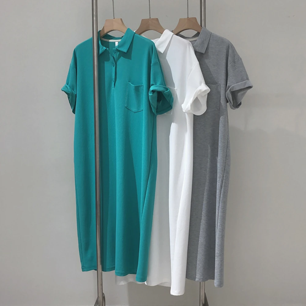 Knee Length Dress Women Long Dresses Polo Collar Vestidos Streetwear Short Sleeve Elegant Maxi Y2k Casual Loose Simple 2025