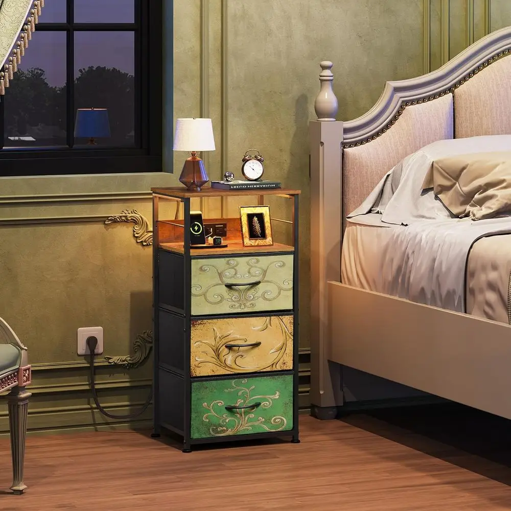 Komoda oszczędzająca miejsce z szufladami z tkaniny, ładowaniem USB i gniazdami - Stolik nocny z motywem kwiatowym