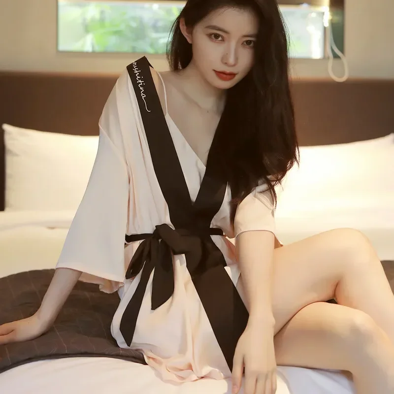 Summer Sexy Bathrobe Temptation Pajamas Women's Short-sleeved Thin Ice silk Pajamas Comfortable Sexy Robe Women's Pajamas