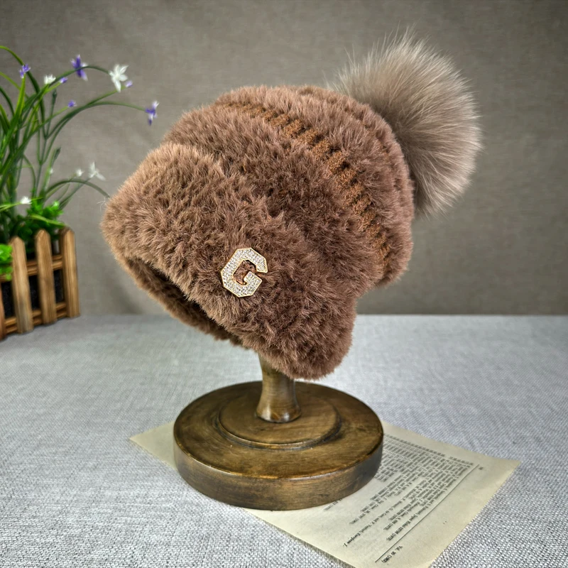 100% natural fur pompom hats wool Cap for women girl Letter G High quality Fur Pom Poms travel Ski Hat winter beanies Hat ﻿