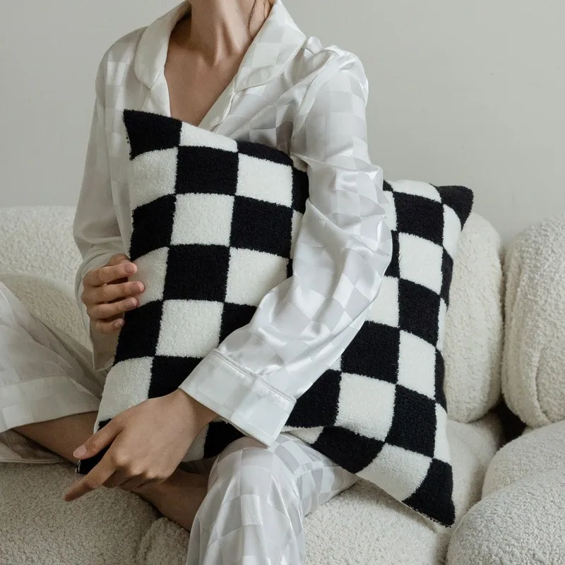 Plush Checkerboard Lamb Throw Pillowcase 30x50/45/50cm  Cushion Cover in Black White Brown Green for Living Room Sofa Home Decor