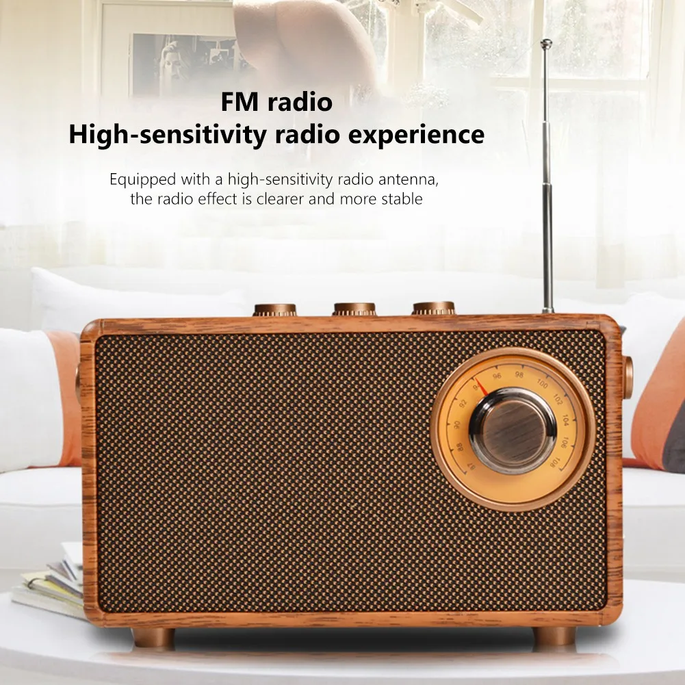 Radio FM Retro portátil de madera con Bluetooth, altavoz de graves, reproductor MP3 con manos libres, compatible con USB/tarjeta TF/AUX Play