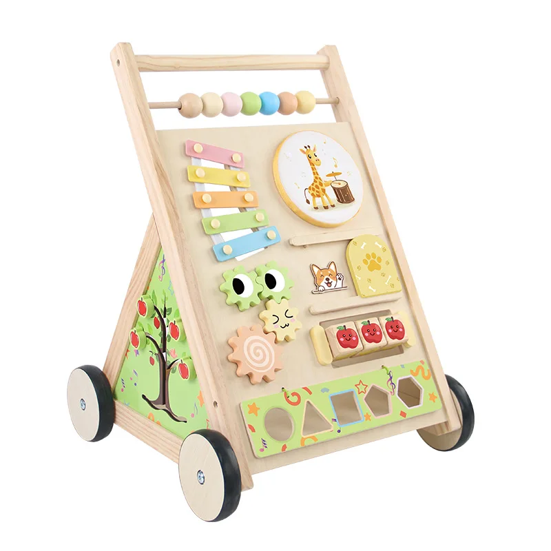 Wooden Baby Push Cart Piano Play Multifunctional Anti-Rollover Walking Trolley