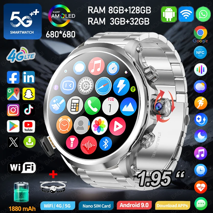 5G/4G شبكة كاملة 8GB + 128GB RAM ساعة ذكية 1.95 بوصة 680*680 شاشة AMOLED 900 واط كاميرا GPS خريطة واي فاي جوجل APPS Smartwatch + صندوق #1