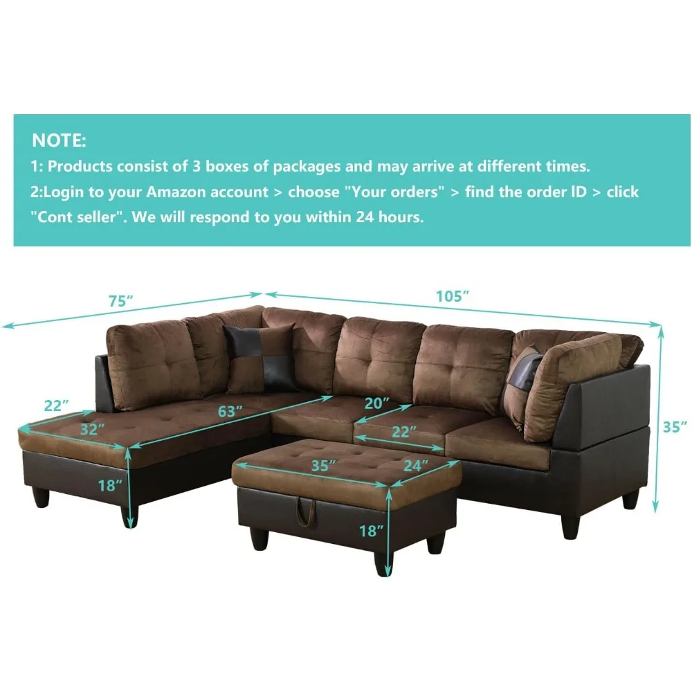 Living Room Sofa Set, 105 Inch Sectional Sofas with Storage Ottoman/Microfiber Fabric/Facing Left Chaise,Modern Comfy Sofa