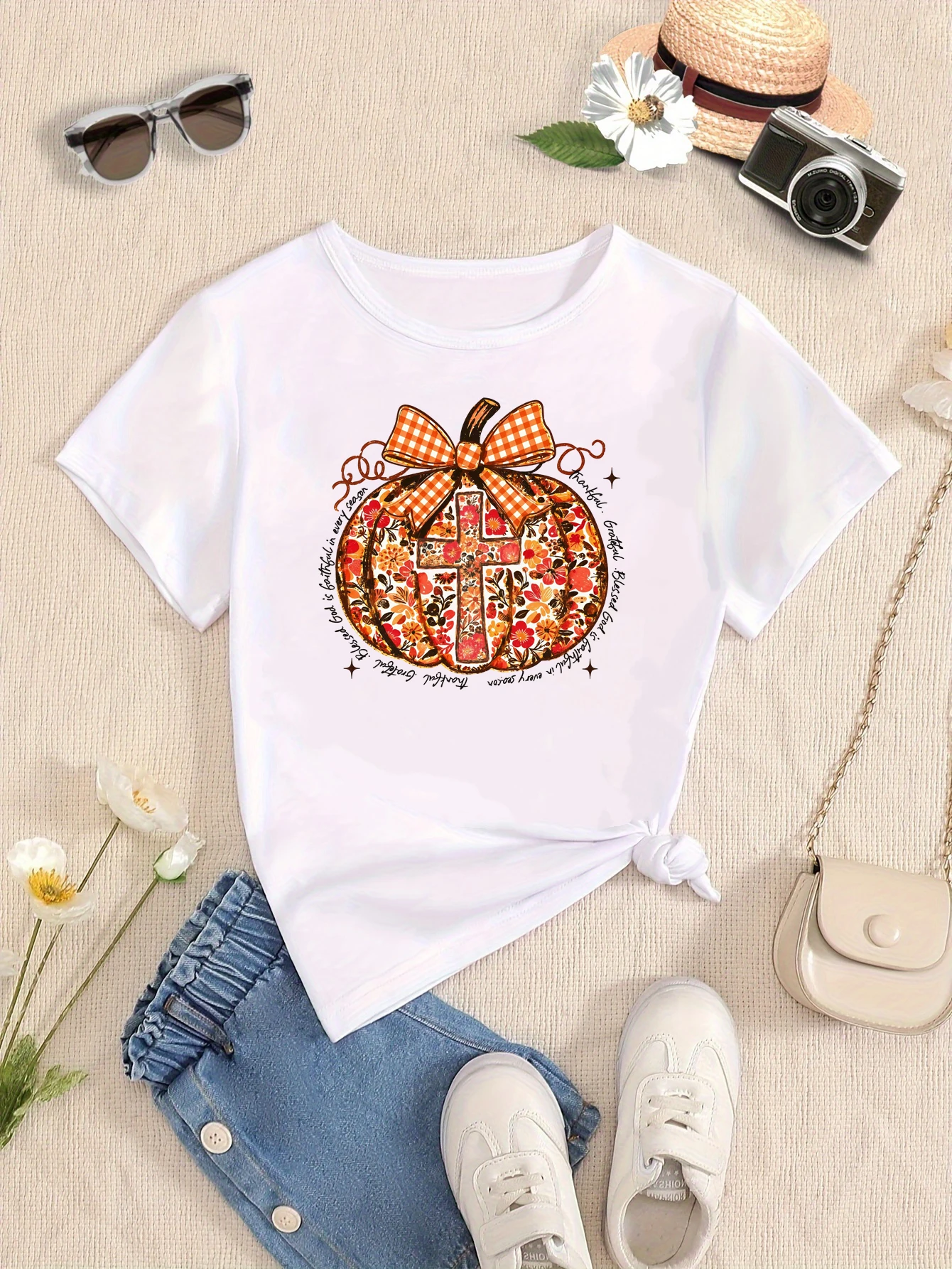 Thanksgiving Pumpkin Bow Printed T Shirt Girls Thanksgiving Gift T-Shirt Fall Kids Clothes Funny Short Sleeve T-Shirt