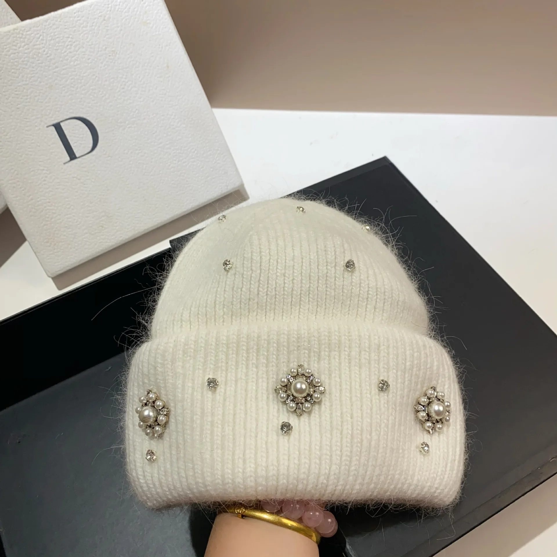 Pearl Rhinestone Rabbit Fur Beanies Fluffy Winter Hat for Women Angora Soft Warm Knitted Hat Beanies Female Bonnet  Knit Cap