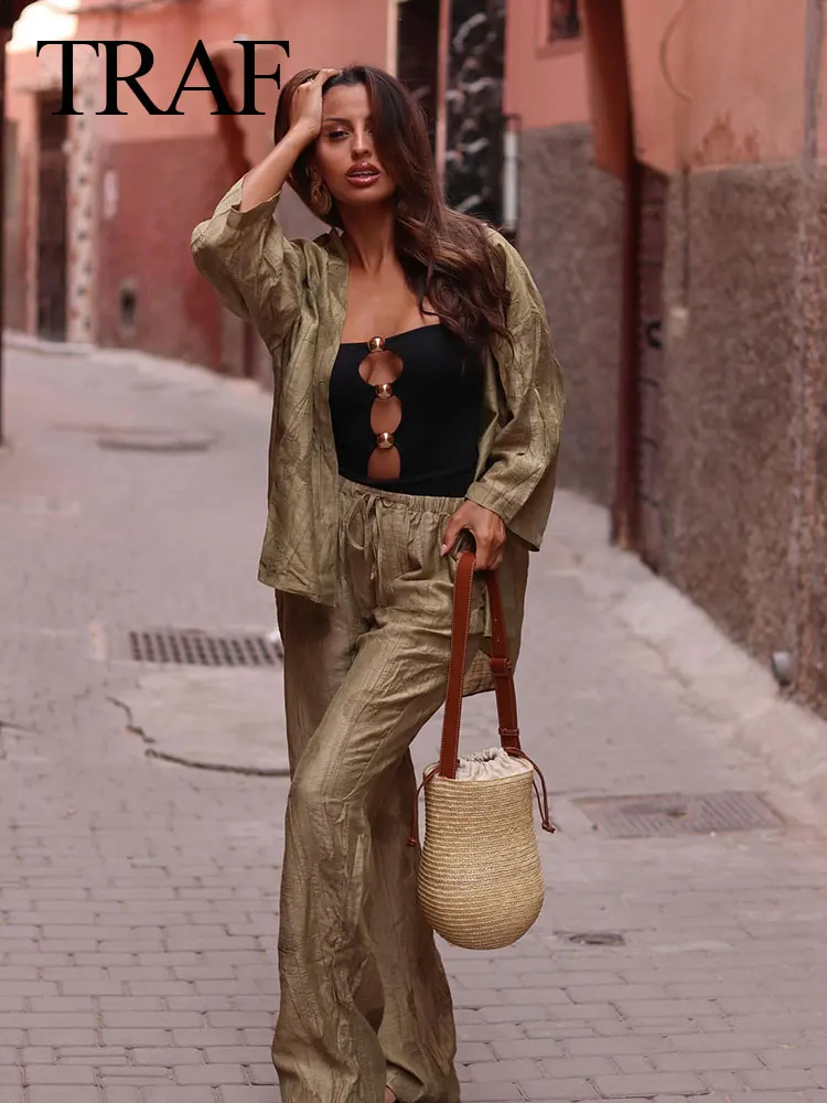 TRAF Spring Fashion Long Sleeves Lapel Single Breasted Shirts+Lace-Up High Waist Wide Leg Pants Set  Female Causal Print Suit